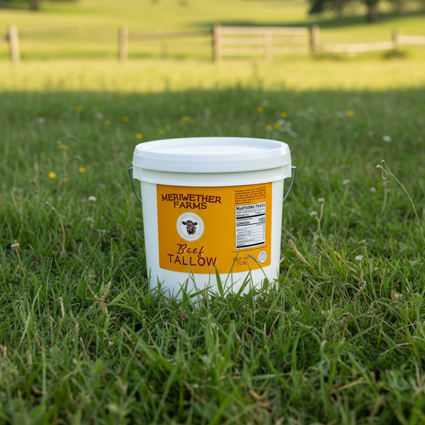 White bucket labeled Meriwether Farms Beef Tallow on a grassy field
