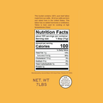 Nutrition facts label on a yellow background with text about Meriwether Farms beef tallow.