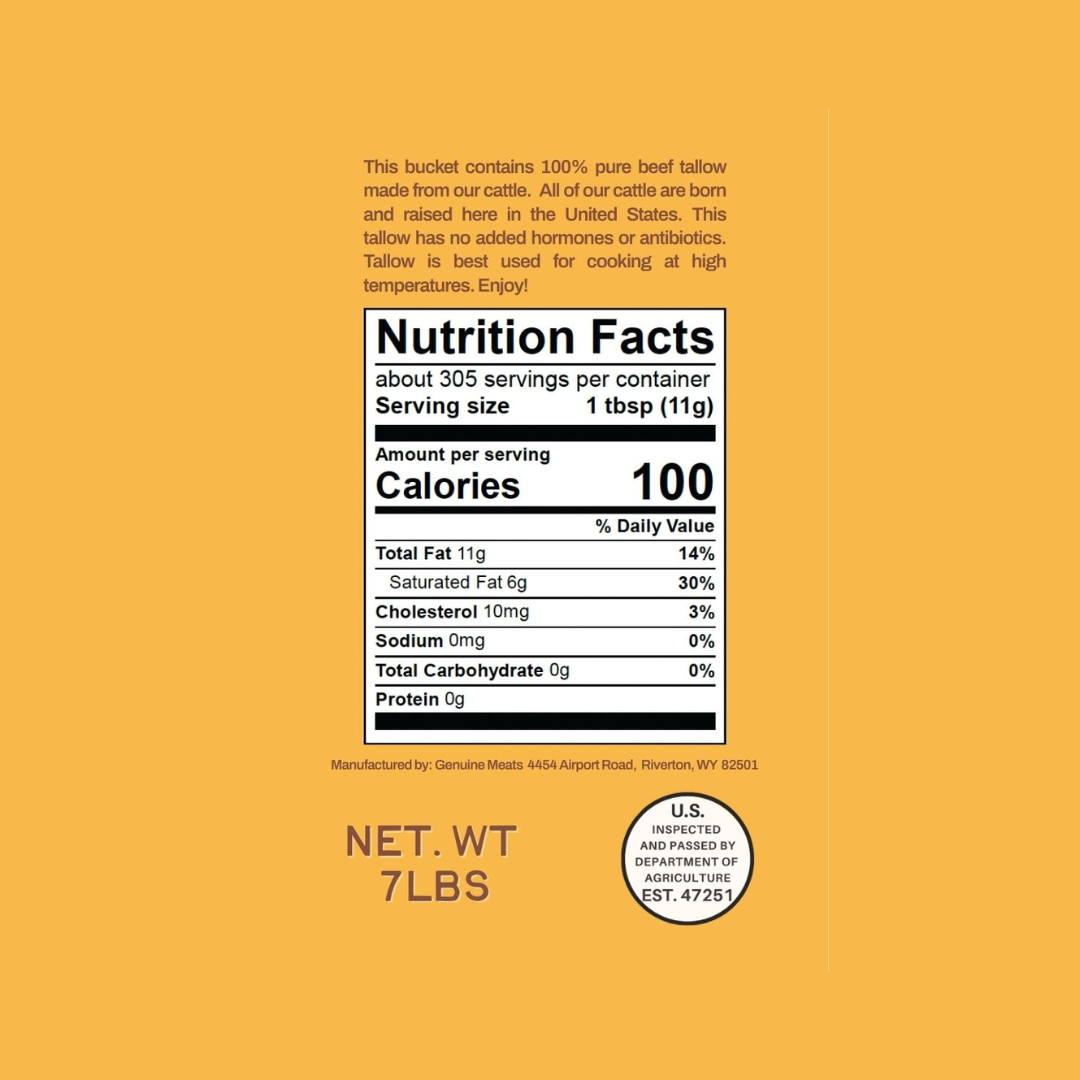 Nutrition facts label on a yellow background with text about Meriwether Farms beef tallow.