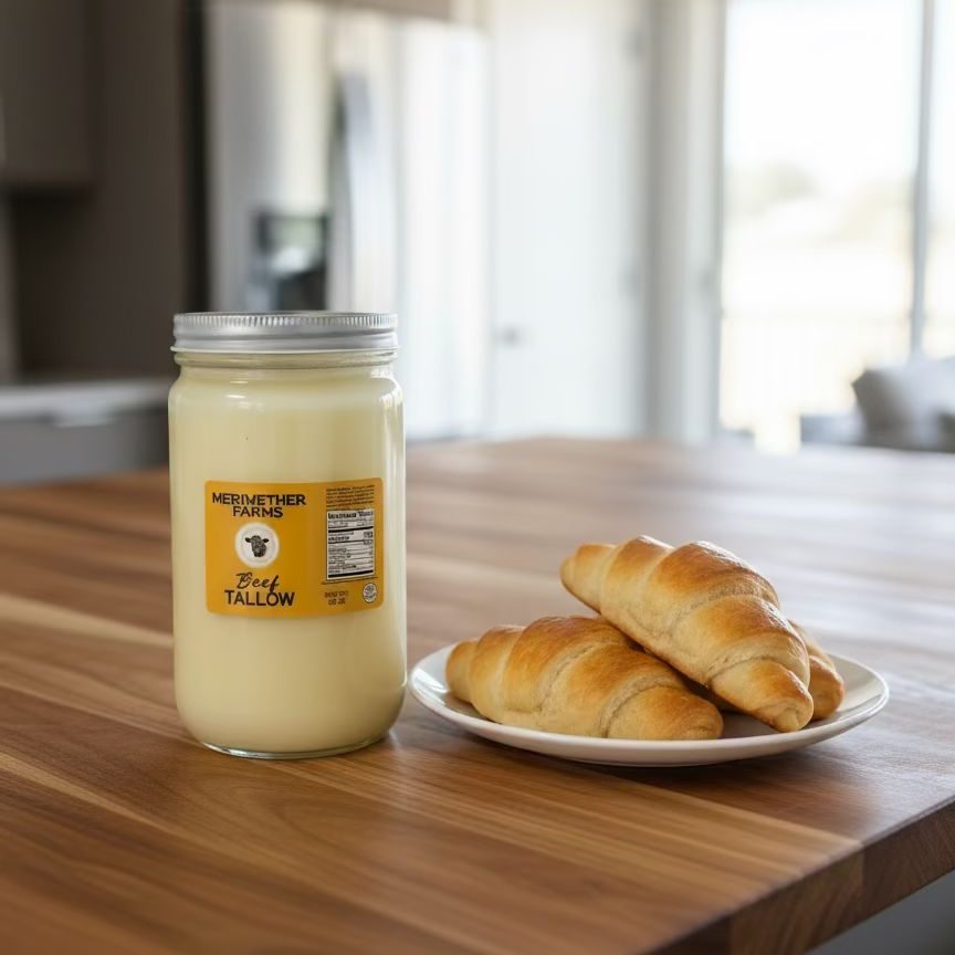 
                  
                    Flaky Crescent Style Rolls on kitchen counter top with Meriwether Farms beef tallow
                  
                