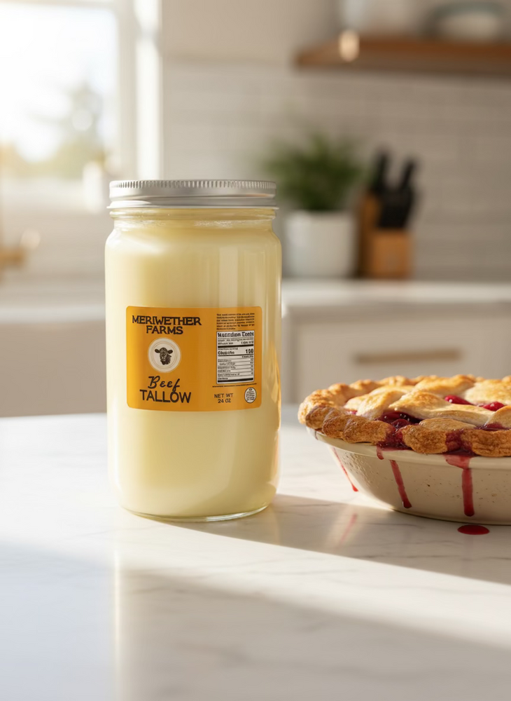 
                  
                    Jar of Meriwether Farms beef tallow on kitchen counter with a cherry pie. 
                  
                