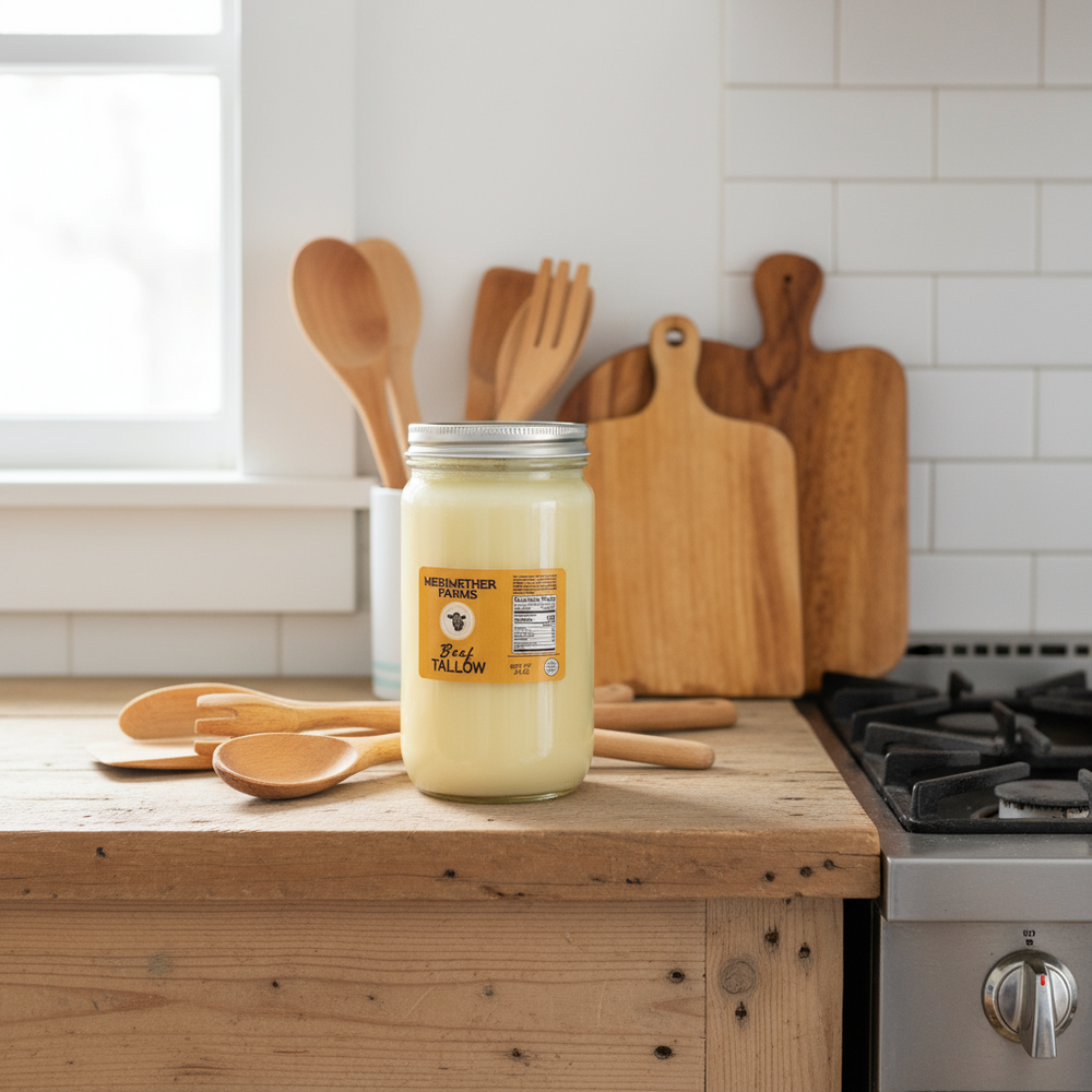 
                  
                    Jar of beef tallow with a label on a kitchen shelf with wooden utensils.
                  
                