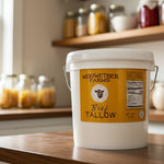 Bucket of Meriwether Farms Beef Tallow in a kitchen pantry