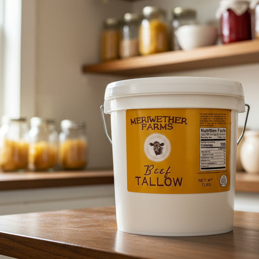 Bucket of Meriwether Farms Beef Tallow in a kitchen pantry