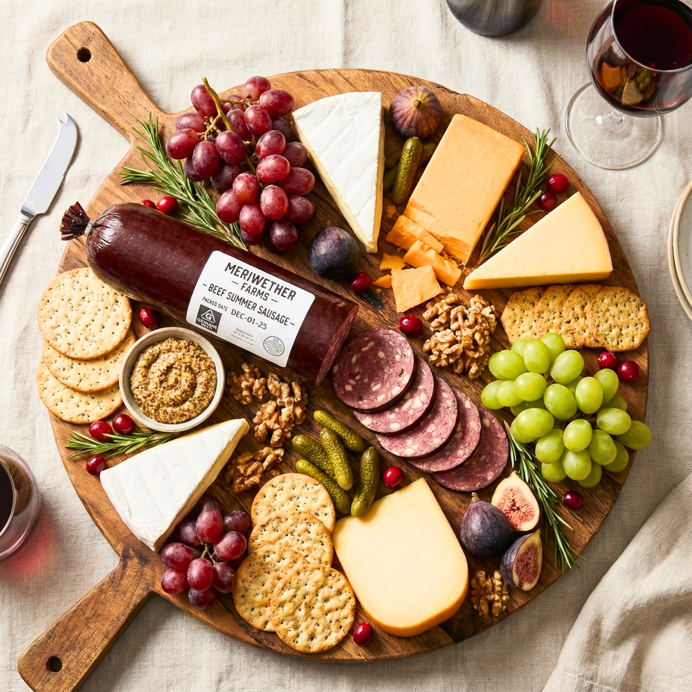 
                  
                    Wooden charcuterie board with summer sausage meats, cheeses, and fruits on a light background
                  
                