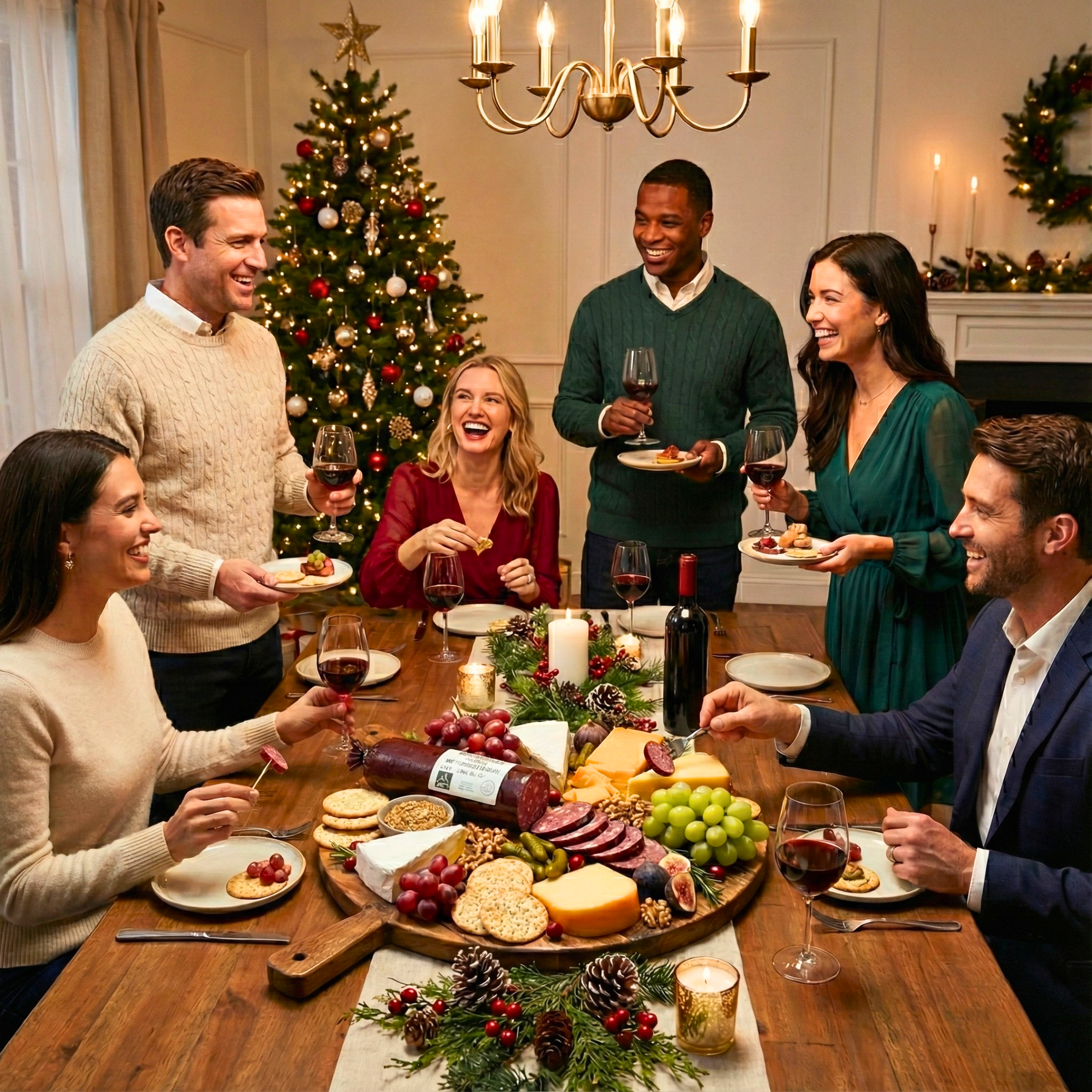 Group of people enjoying a festive meal around a Christmas tree with wine glasses and food.