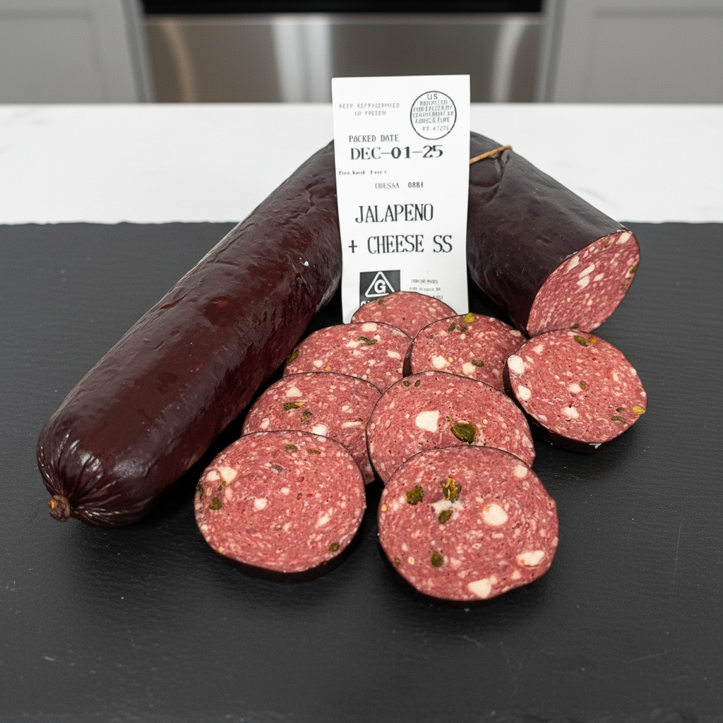 Sliced jalapeño and cheese summer sausgage on a slate cutting board with a packaging label.