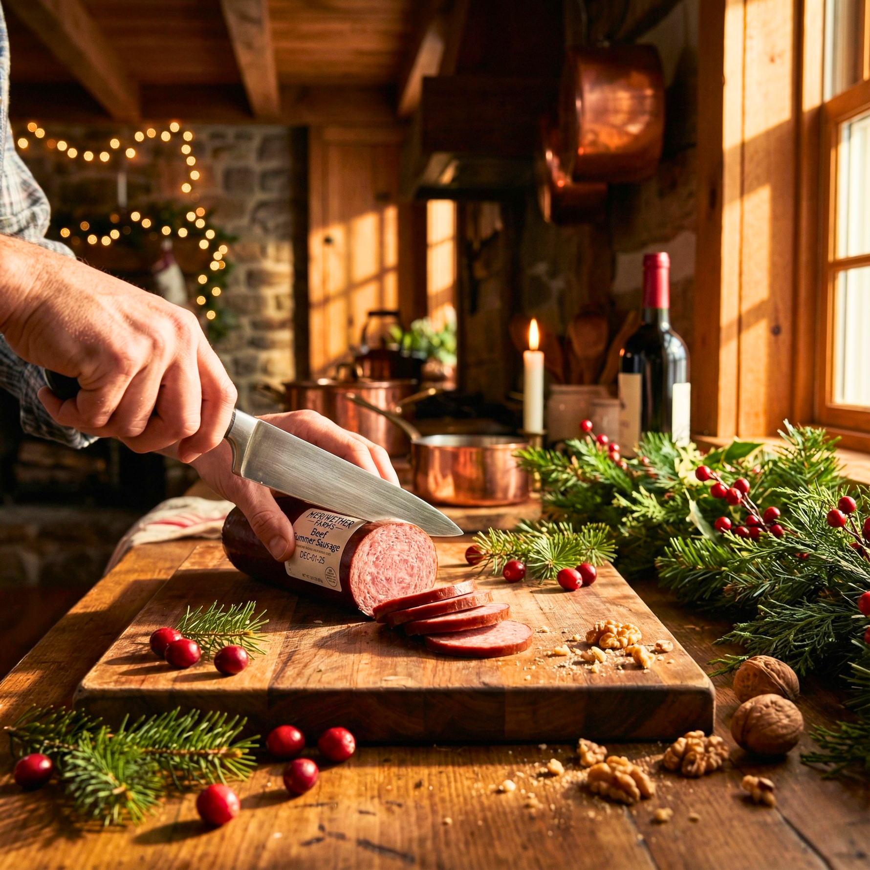 Person slicing summer sausage on a wooden cutting board with festive decorations in a warm, rustic kitchen.